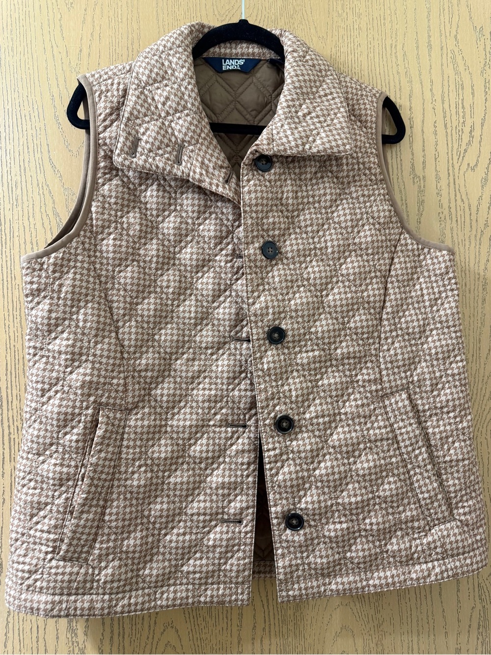 Lands’ End Pima Loft Lightweight Houndstooth Vest Tan Brown Women’s Size M 10 12